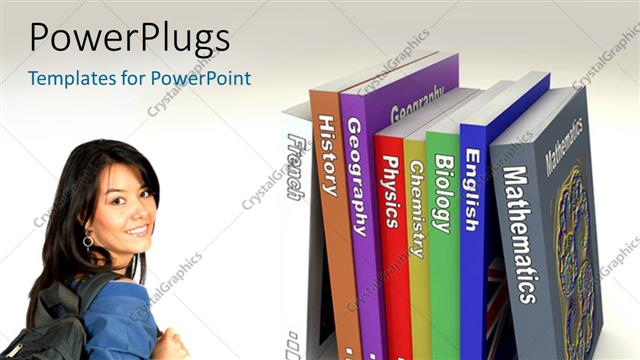  Presentation with students - A female students with rows of colorful text books