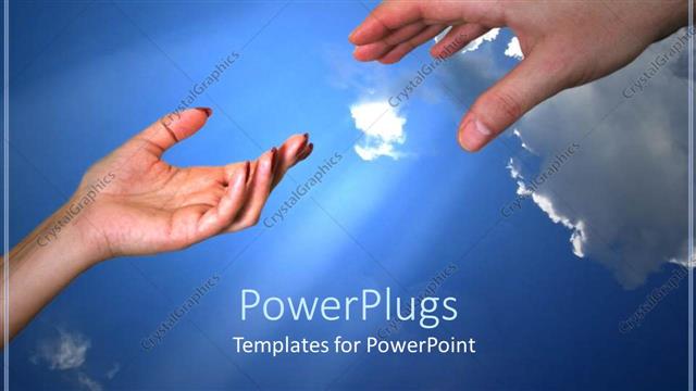  Presentation with helping hands - Feminine and masculine hands reaching for each other on blue sky background