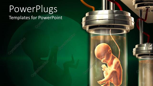  Presentation with fetus - Fetus in a lab glass container and representation of fetus in womb in the background