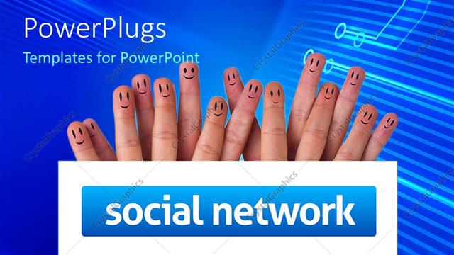  Presentation with social - Fifteen fingers with happy faces, smiley face fingers behind social network sign