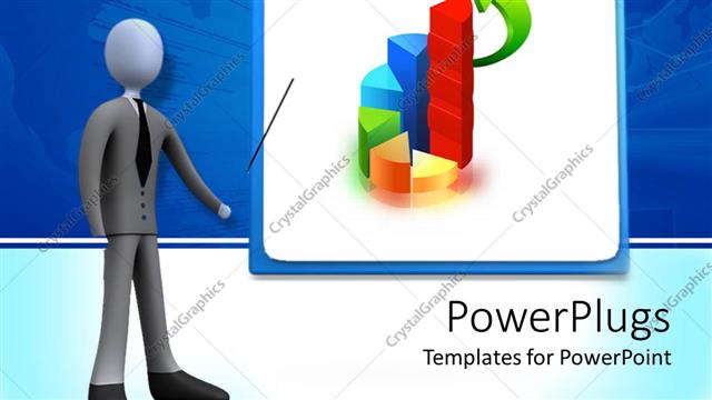  Presentation with flip chart - Figure in gray business suit and black tie pointing to flip chart presentation