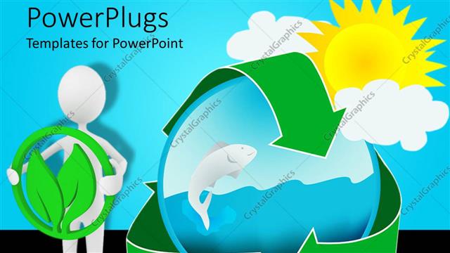  Presentation with ecology - A figure holding a sign to support greenery while a fish is coming out of water in the center