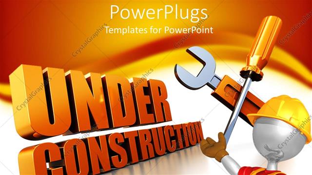  Presentation with under construction - Figure in yellow hardhat with UNDER CONSTRUCTION and construction tools in background