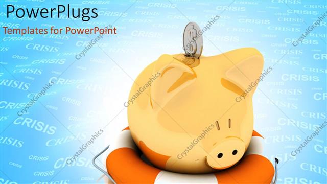  Presentation with lifesaver - Financial crisis with crisis is blue background with piggy bank on lifesaver