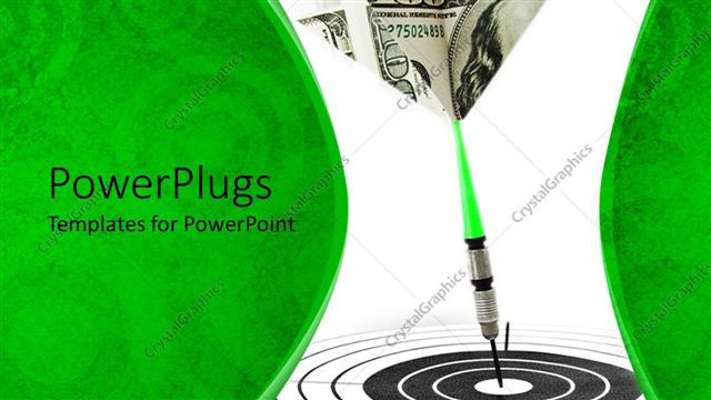  Presentation with target - Financial goals metaphor with hundred dollar bill dart hitting bulls eye on target, green border