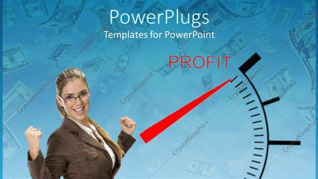  Presentation with profit - Financial meter hit profit mark with rain of dollar bills and young woman