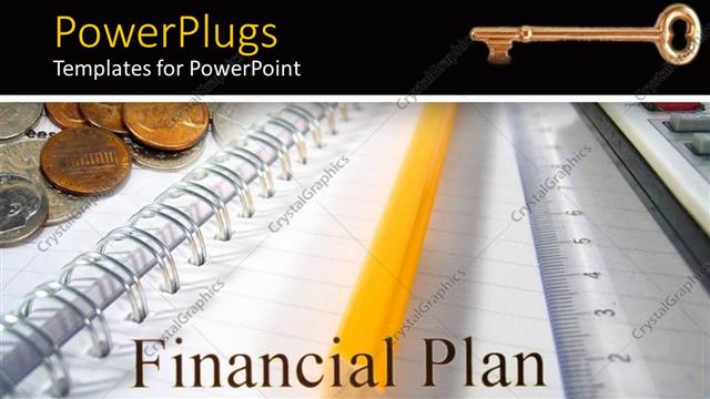  Presentation with silver - Financial plan and notebook, sharpened pencil, stack of silver and bronze coins, liner and golden key