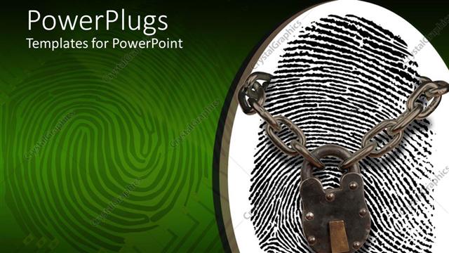  Presentation with green abstract - Fingerprint on white board with chain and lock over it and abstract fingerprint fading in the green background