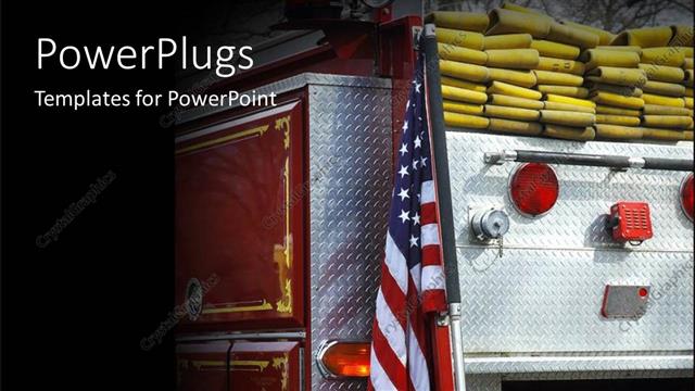  Presentation with fire truck - Fire truck with American flag and ropes over black background