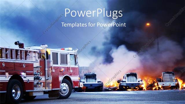 Presentation with fog - Firemen fight a fire that has involved industrial trucks with fog