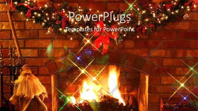  Presentation with brick - Fireplace decoration at Christmas with red ribbons and brick wall