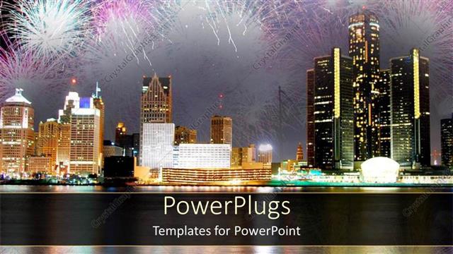  Presentation with celebration - Fireworks display in modern city showing night sky