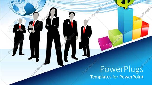  Presentation with growth human - Five 3D human characters standing with a globe over them