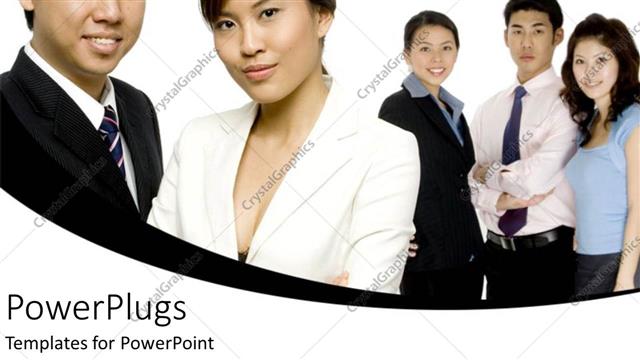  Presentation with females - Five adult Asian males and females standing with white background