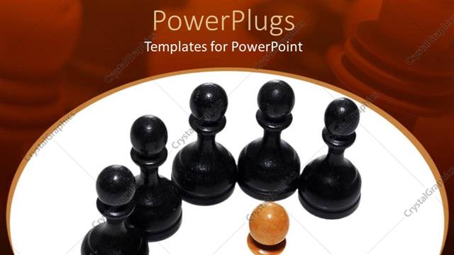  Presentation with chess - Five black pawn chess pieces and one brown pawn chess piece in front