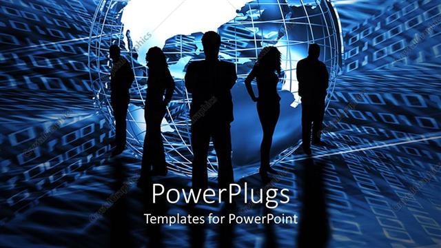  Presentation with trading - Five black silhouettes of business people standing around an abstract globe on binary code blue background