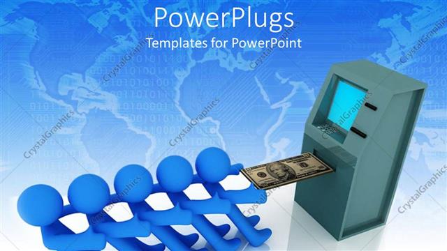  Presentation with atm - Five blue 3D figures working together to pull out money bill from ATM machine