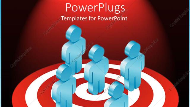  Presentation with target - Five blue colored 3D characters standing on a dart board