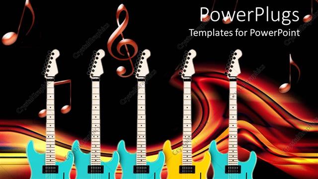  Presentation with yellow music - Five blue and yellow colored guitar on a black background with music theme