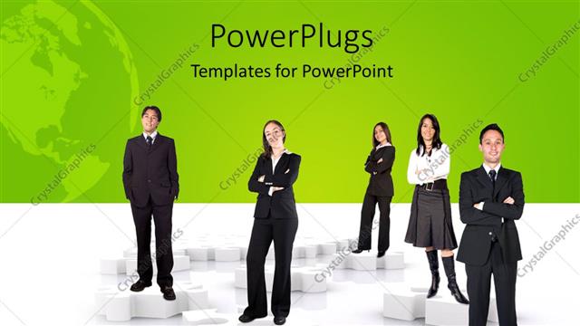  Presentation with puzzle team - Five business men and women standing on white puzzle pieces