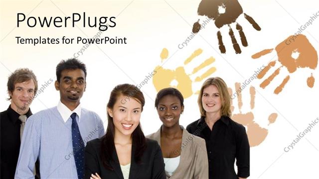  Presentation with diverse business people - Five business people standing together and smiling on a white background