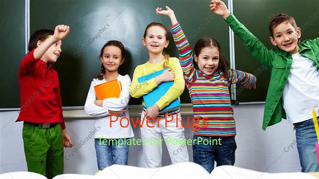  Presentation with children books - Five children raising hands and smiling while holding books