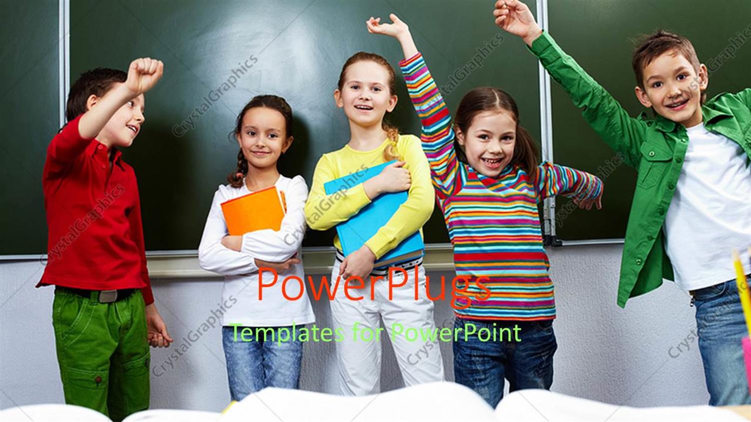 Featuring Five Children Raising Hands and Smiling while Holding Books