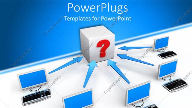  Presentation with networking - Five desktops and keyboards with arrows pointing at box with question mark
