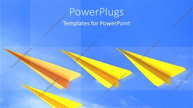  Presentation with blue gold - Five flying gold colored paper made airplanes on blue background