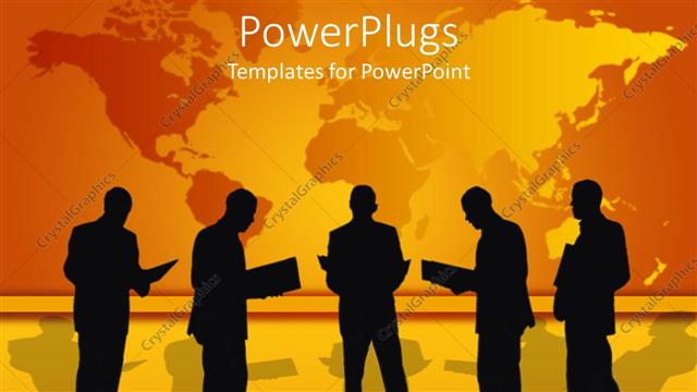  Presentation with files - Five human characters reading files with a yellow map background