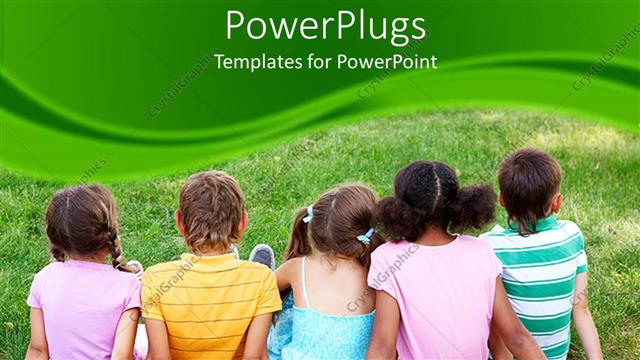  Presentation with diversity - Five kids sitting on grass on a green background