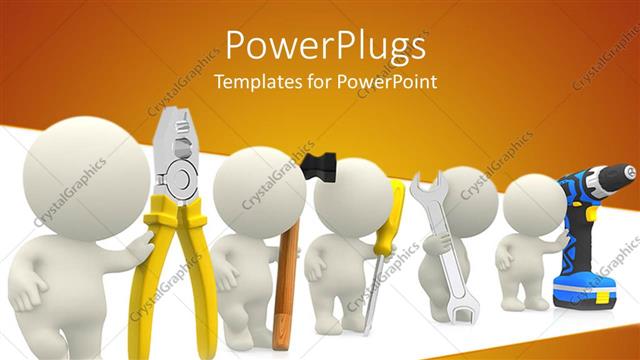  Presentation with screw driver - Five men holding pliers, hammer, spanner, screw driver and drilling tool