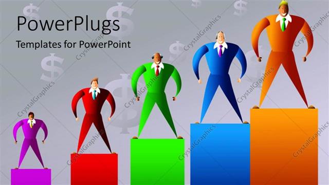  Presentation with sales - Five multi colored bars with human  characters standing on them