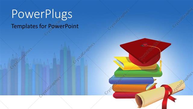  Presentation with graduation - Five multi colored books with a red graduation cap and a scroll