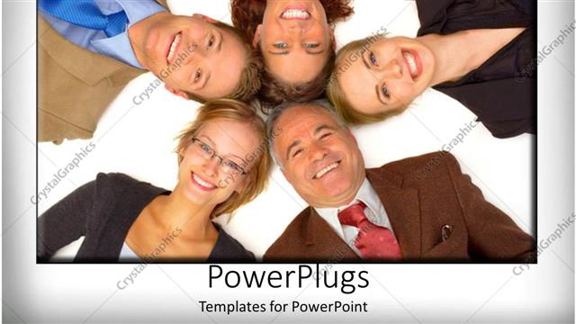  Presentation with heads - Five people laying down and smiling with their heads together