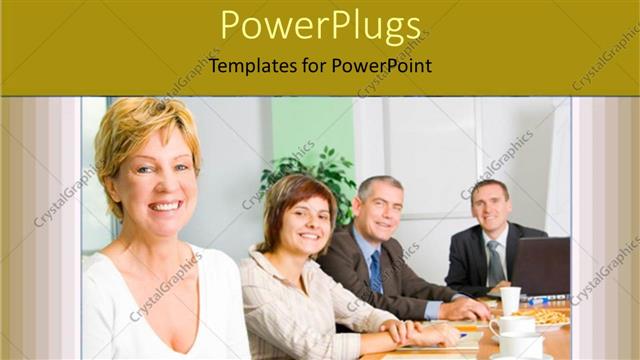  Presentation with files - Five people smiling and having a meeting with files in front of them
