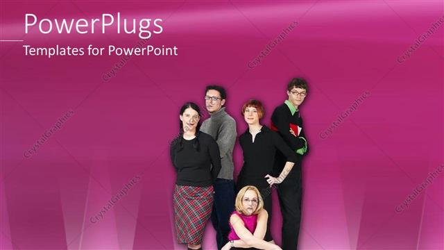  Presentation with purple business - Five people standing in different positions close together on a plain purple background