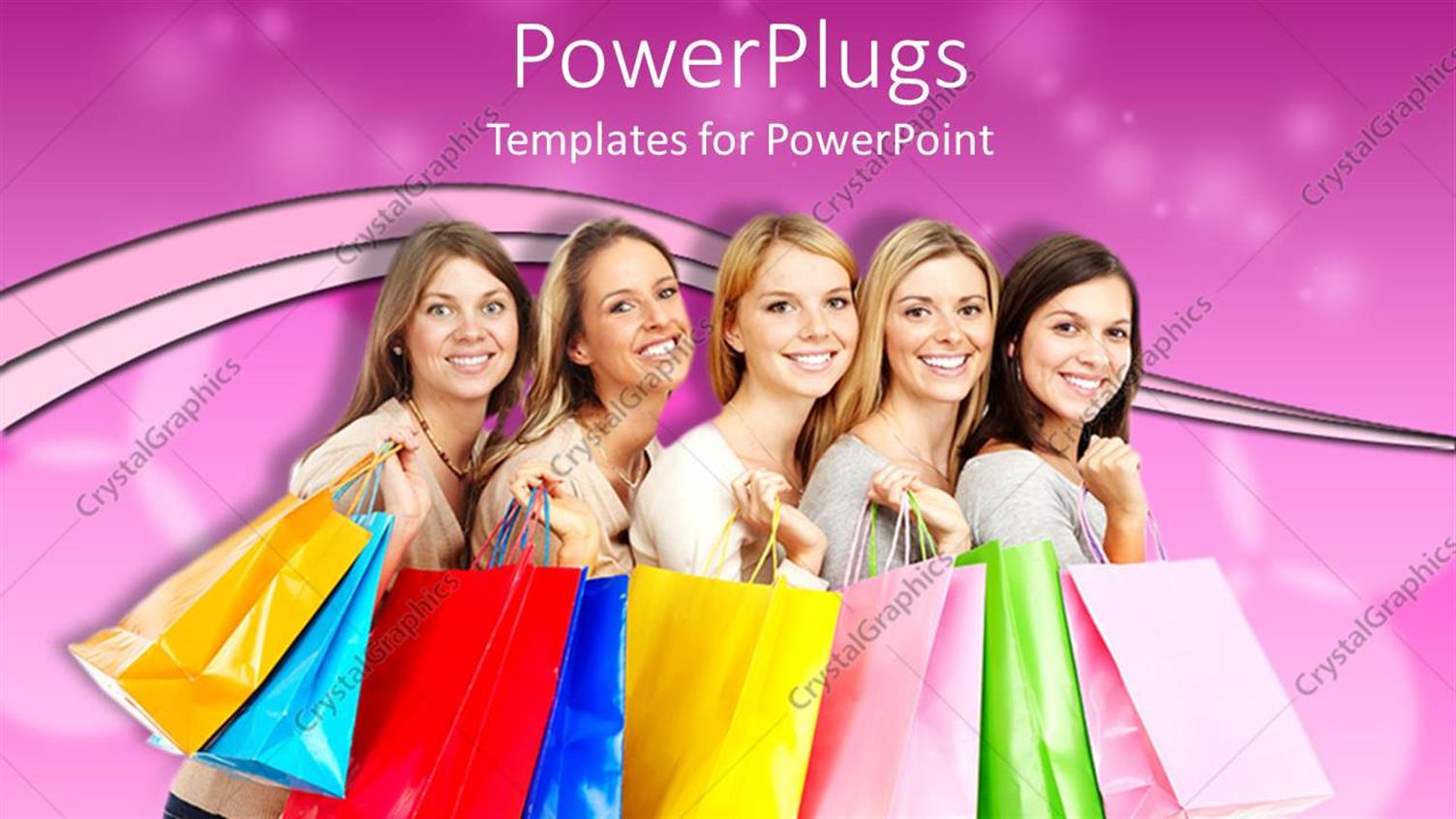 Featuring Five Pretty Ladies Smiling Happily and Holding Shopping Bags