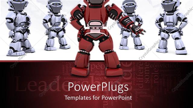  Presentation with robot - Five robots, one red robot in front and four gray robots standing behind