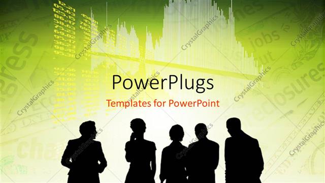  Presentation with business women - Five silhouette business men and women standing on a green background