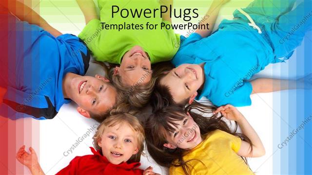  Presentation with heads - Five smiling children lying in circle with heads at center