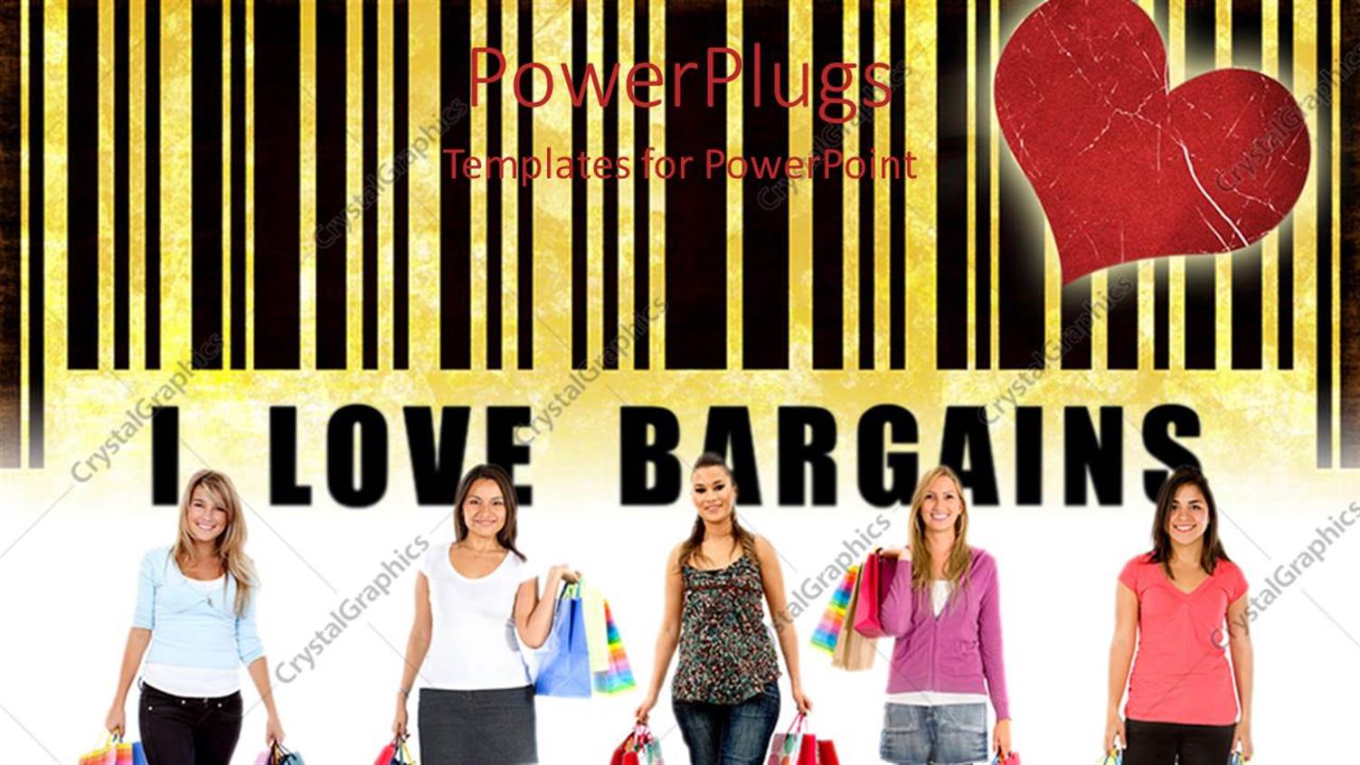 Featuring Five Smiling Females Holding Shopping Bags and a Red Heart