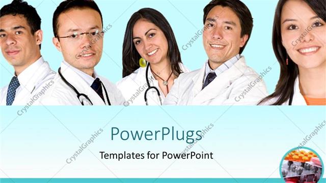  Presentation with surgical - Five smiling people wearing white surgical gowns and stethoscopes