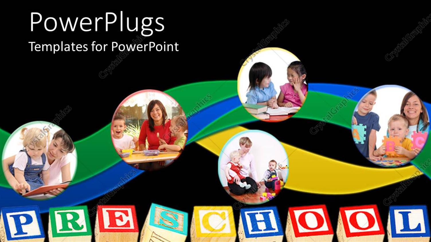 Featuring Five tiles with parents and Children with some Colorful Texts