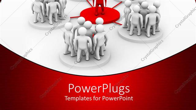  Presentation with leader - Five white circles with white standing 3D figures linked to red circle with one red standing 3D figure