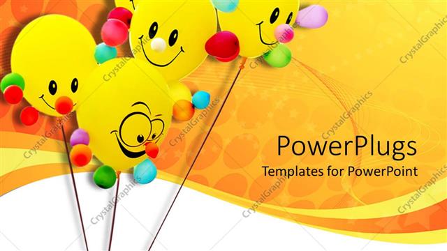  Presentation with orange colored - Five yellow colored smiley ballons on an orange background