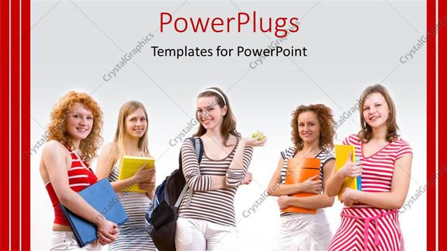  Presentation with college - Five young female students standing on a white background