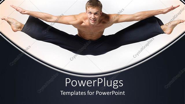  Presentation with flexible - Flexible adult male dancer jumping with hands and legs open in mid air