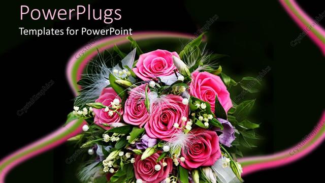  Presentation with design - Flower bouquet with pink roses, green leaves and feathers, florist, floral design, weddings