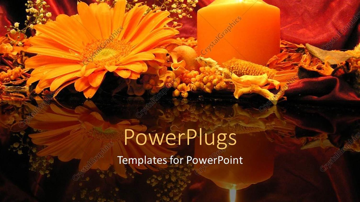 Featuring Flowers and Burning Pillar Candle on Reflective Table Top